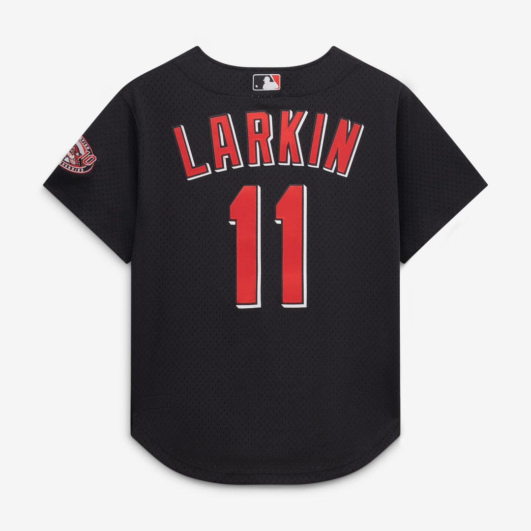 Men's Cincinnati Reds Barry Larkin Mitchell & Ness Black Cooperstown Collection Mesh Batting Practice Button-Up Jersey