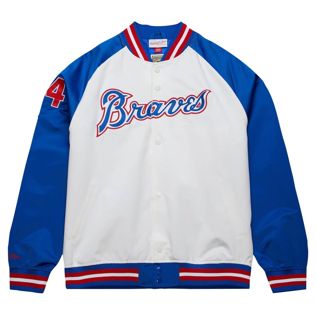 Men's Atlanta Braves Hank Aaron Mitchell & Ness White/Royal Cooperstown Collection Legends Lightweight Satin Raglan Full-Snap Jacket