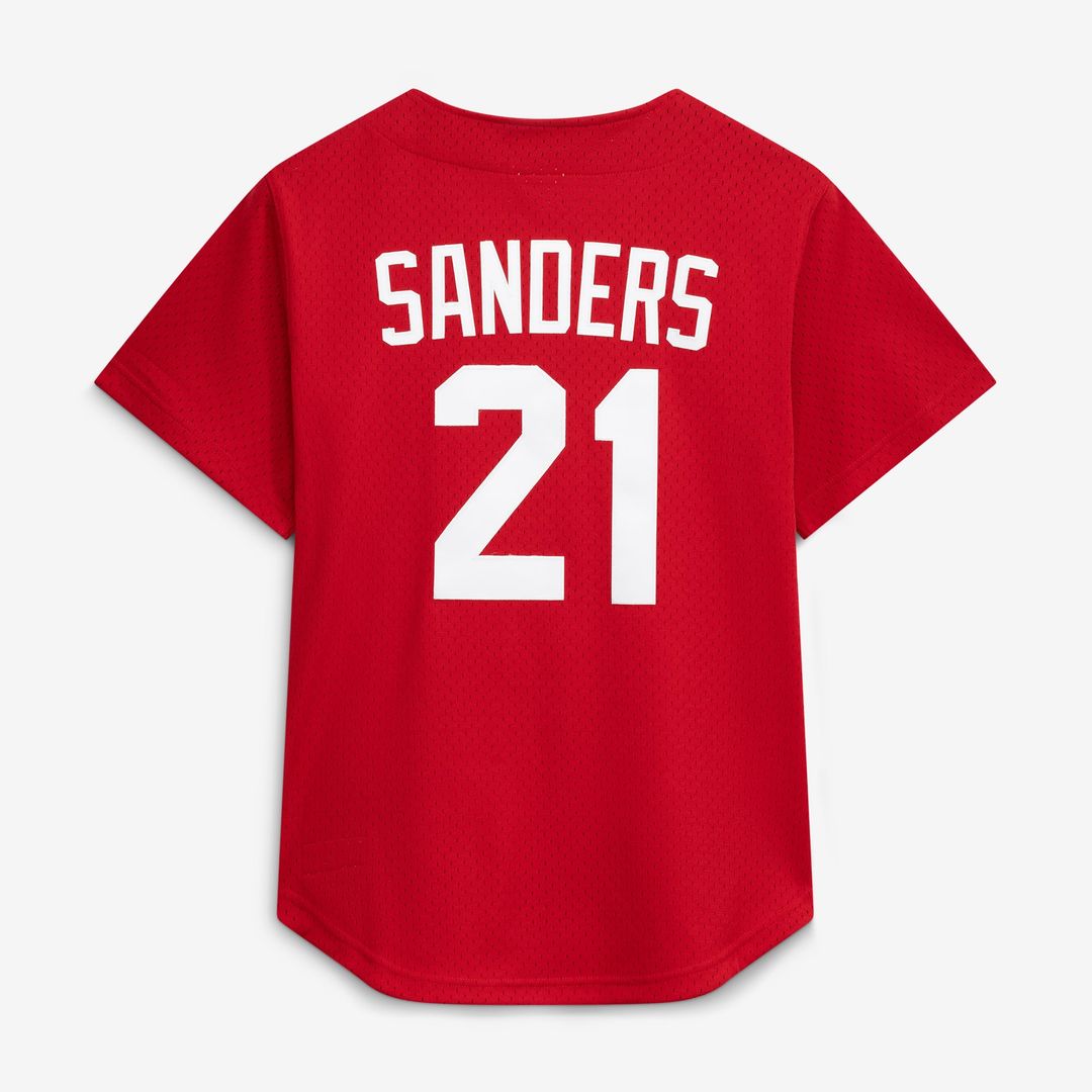 Men's Cincinnati Reds Deion Sanders Mitchell & Ness Red Cooperstown Mesh Batting Practice Button-Up Jersey